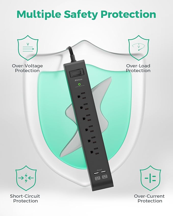 2 Pack Surge Protector Power Strip with 6 Outlets 4 USB Ports (2 USB C) 25-Foot Extension Cord Flat Plug 900 Joules 15A Circuit Breaker Wall Mount Desk USB Charging Station for Home Office