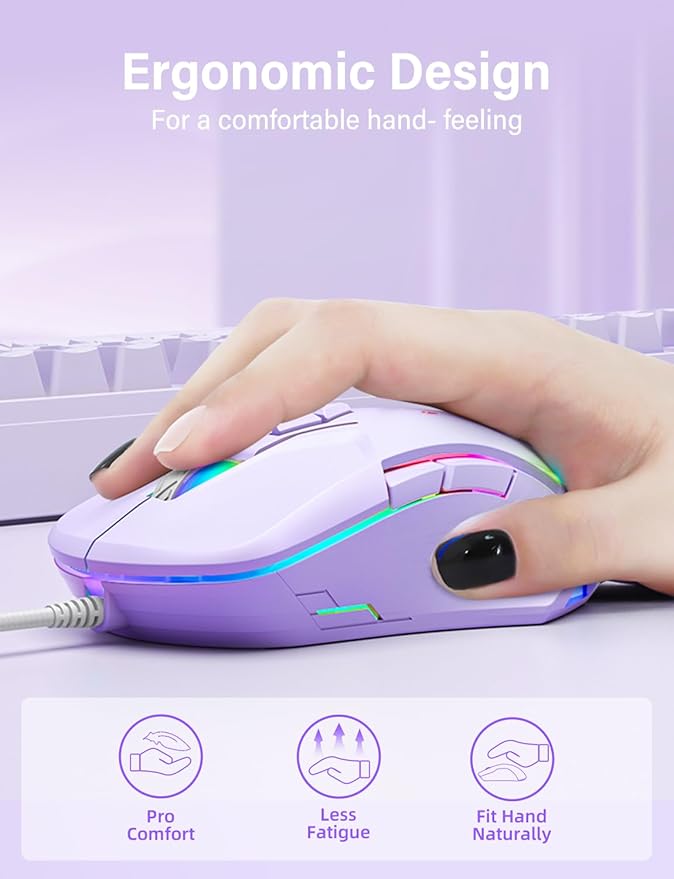 Wired USB Mouse, Computer Mouse with RGB Lighting, 4 Adjustable DPI, Ergonomic Optical Office Mouse, 7 Buttons Corded Mice for Window/PC/Laptop/Desktop/Mac/Chromebook,Purple