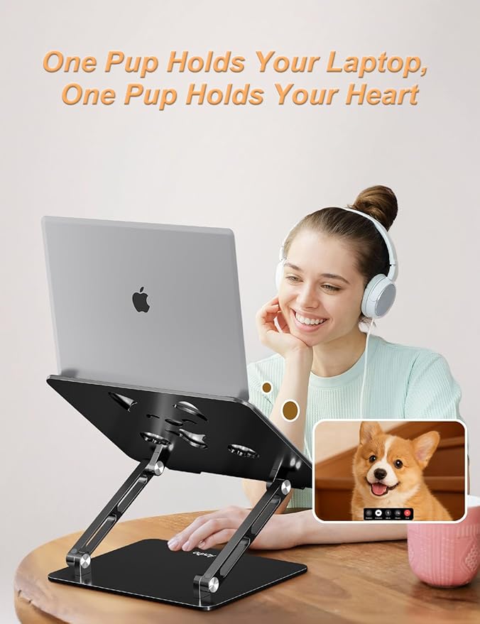 Laptop Stand for Desk-Adjustable, Foldable, Portable, Ergonomic Aluminum Notebook Riser with Unique Puppy Cooling Vent, Desk Gift for 10"-17.3" Devices Mac, Dell, HP, Lenovo, Samsung, Black