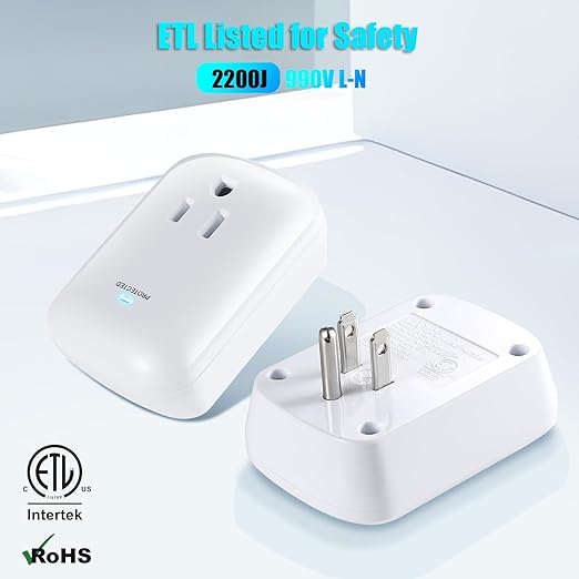 Single Surge Protector Plug, FiiMan ETL Listed Grounded Outlet Wall Tap Adapter with Indicator Light,1-Outlet,2200 Joules/15A/1875W, White, 1Pack