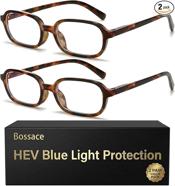 2 Pack Rectangle Blue Light Glasses for Women, Lightweight TR90 Small Frame with Spring Hinge for All-Day Comfort, Anti UV Glare & Eyestrain