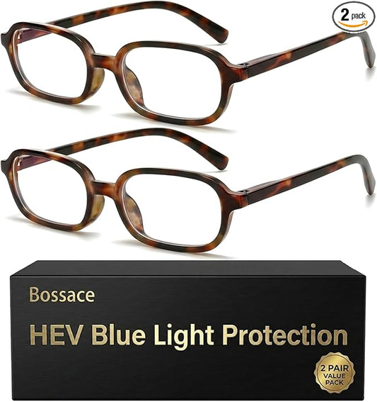 2 Pack Rectangle Blue Light Glasses for Women, Lightweight TR90 Small Frame with Spring Hinge for All-Day Comfort, Anti UV Glare & Eyestrain