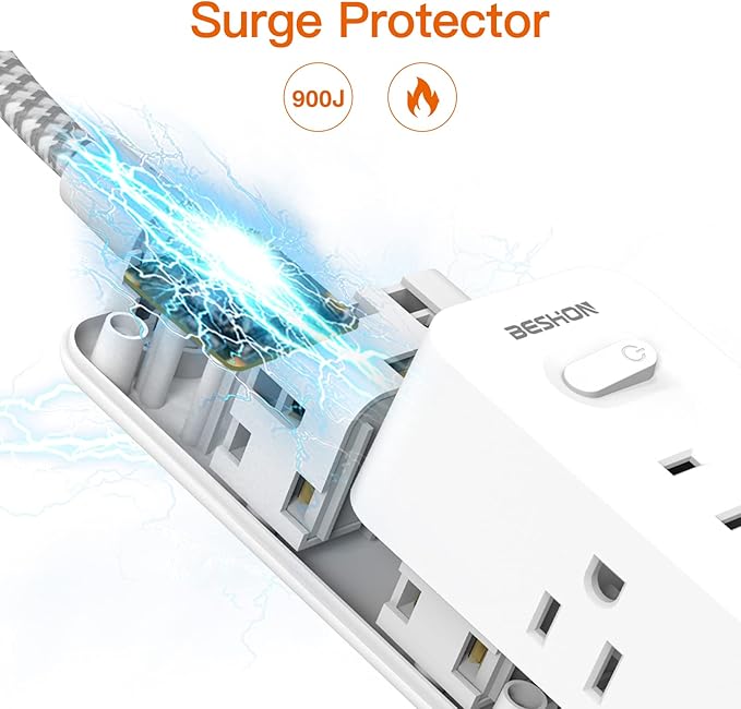 Extension Cord 20FT, BESHON Power Strip Surge Protector, 6 Outlets with 3 USB Ports(1 USB C Outlet), 3-Side Outlet Extender, Wall Mount, Compact for Travel, Home, College Dorm Room, and Office