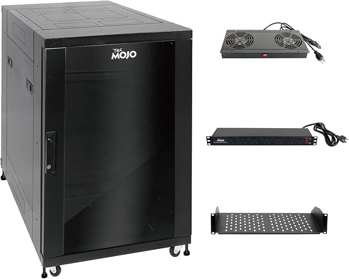 Tecmojo Fully Assembled 18U Network Cabinet AV Rack Black Equipment Rack Enclosure with Casters/Locking Doors with Dual Fan, PDU and Cantilever Shelf Installed (23.6inch DEEP Glass Door)