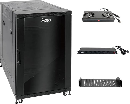 Tecmojo Fully Assembled 18U Network Cabinet AV Rack Black Equipment Rack Enclosure with Casters/Locking Doors with Dual Fan, PDU and Cantilever Shelf Installed (23.6inch DEEP Glass Door)