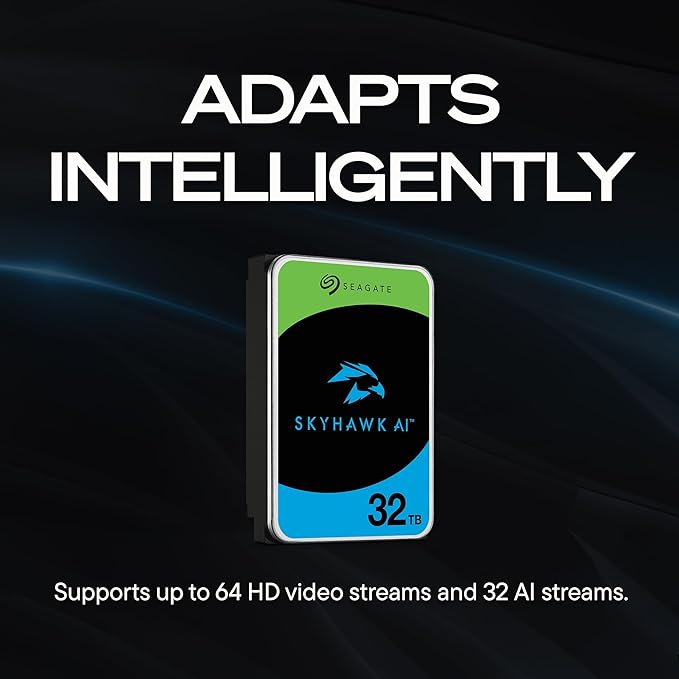 Seagate Skyhawk AI 32TB Video Internal Hard Drive HDD – 3.5 Inch SATA 6Gb/s 512MB Cache for DVR NVR Security Camera System with in-House Rescue Services (ST32000VE000)
