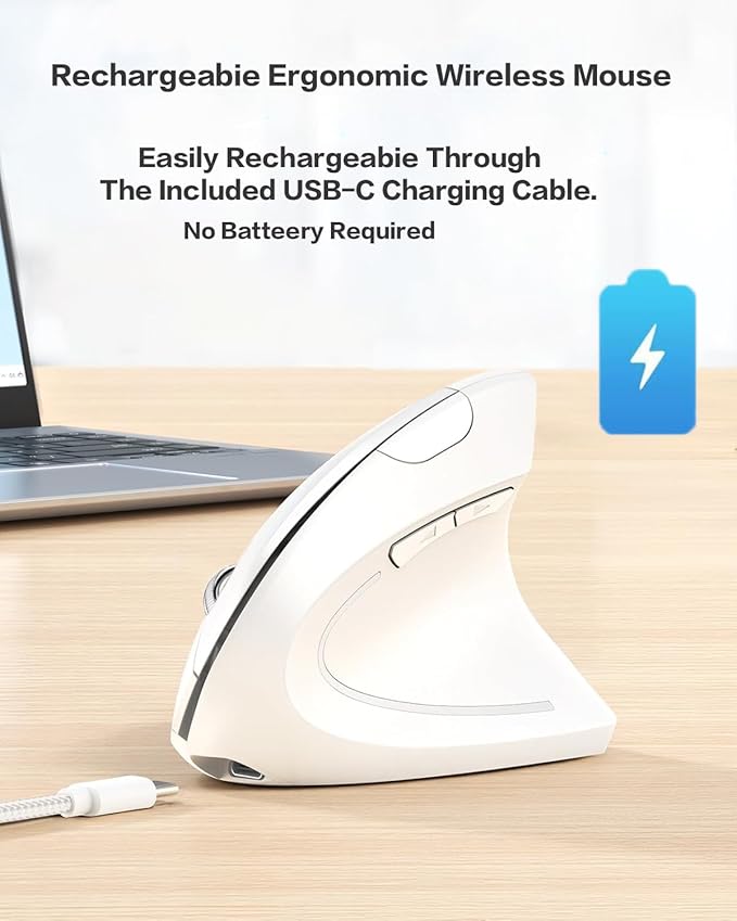 2.4G Wireless Vertical Mouse, Rechargeable Ergonomic Optical Mice: 3 Adjustable DPI 800/1200/1600 Levels 6 Buttons, for Laptop, PC, Computer, Desktop, Notebook etc, White
