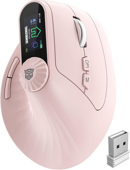 Transformers Vertical Ergonomic Mouse with LED Screen & Knob Control, Rechargeable Vertical Mouse Wireless, 3-Device Connectivity (2.4G + Dual Bluetooth), Computer Mice for PC/Mac/Laptop, Pink