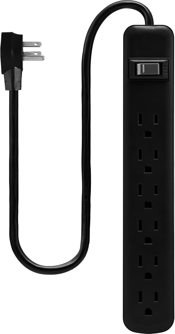 GE 6-Outlet Power Strip, 2ft Cord, Wall Mount, Integrated Circuit Breaker, 15A, 1800W, UL Listed, Black, 14831