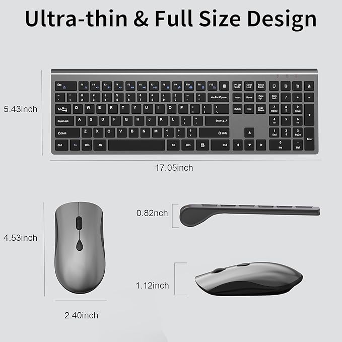 Wireless Mouse and Keyboard Combo, Silent Full-Size Computer Keyboard with Calculator Button, 2400 DPI Mouse, Quiet Click, Slim Cordless USB Set for Laptop PC Windows Mac - Space Grey（2 Pack）