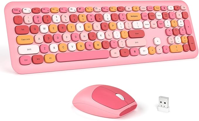 Wireless Keyboard and Mouse Combo - MOFII Pink Full-Sized Plug and Play Colorful Keyboard - Silence Keycap Keyboards with USB-A 2.4G Receiver, for Laptop, Windows, PC, Desktop