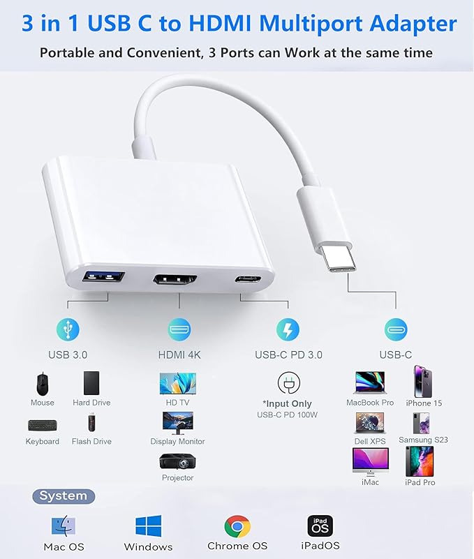 USB-C to HDMI Multiport Adapter with HDMI 4K@60Hz Output USB 3.0 Port and USB-C Charging Port, Type-C to Digital AV Hub for Apple iPhone 15, MacBook Pro/Air, iPad Pro, iMac, Galaxy S22 More (White)