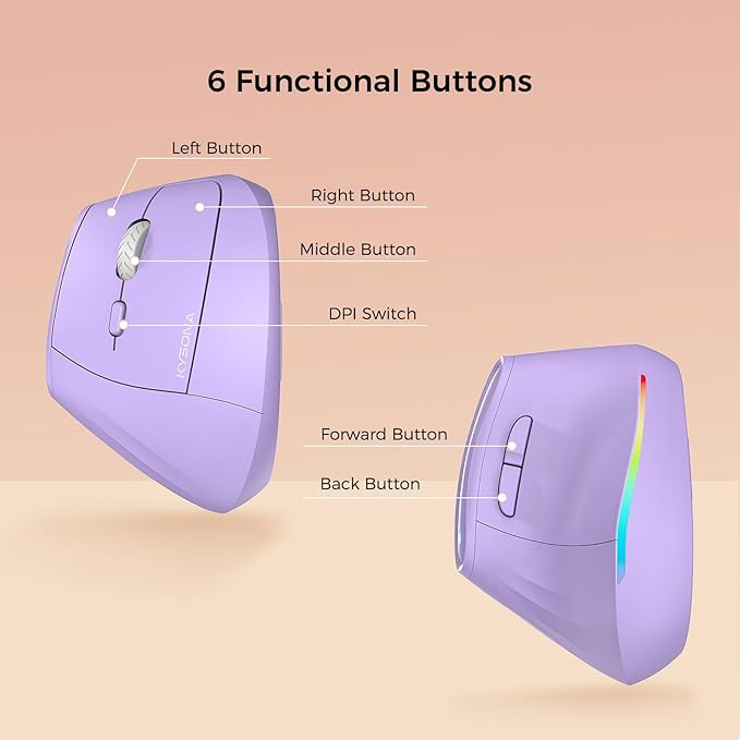 KYSONA 57° Wireless Ergonomic Mouse, Vertical Mouse, Carpal Tunnel Mouse, RGB Light, Rechargeable, Bluetooth & 2.4G, 5-level DPI Adjustment, Quiet Click Ergo Mice Compatible with PC/Laptop/Mac, Purple