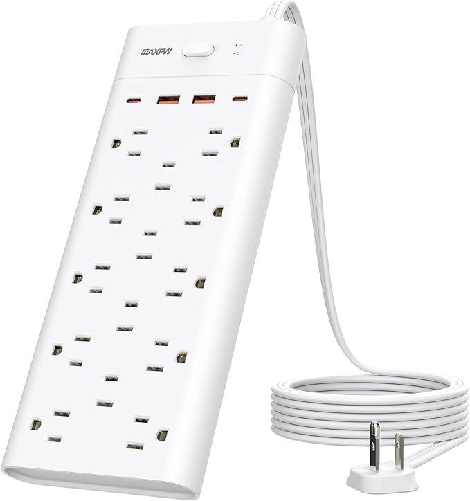 Power Strip Surge Protector with 14 Outlets and 4 USB Ports (2 USB C), 6 Ft Flat Plug Heavy Duty Extension Cord, 1700 Joules, Wall Mount for Home, Office, Gaming Room,Dorm, White