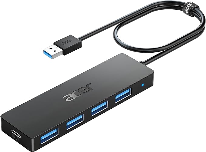 Acer USB Hub 4 Ports, Multiple USB 3.0 Hub, USBA Splitter for Laptop with Type C Power Port, Extender for A Port Laptop, PC, Desktop and More (2ft)