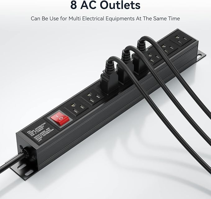 Heavy Duty Power Strip,8 Outlet Metal Power Strip Wall Mount, 1.6 inch Wide Spaced Industrial Surge Protector, Garage Power Strip for Shop Workshop Power Strip with Switch & 6 FT Extension Cord, 300J