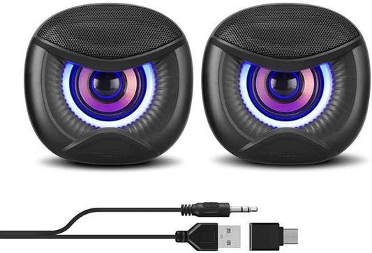 USB Computer Speakers, 3.5mm Aux Speaker and USB Powered Interface are Suitable for Desktop Laptop Monitor, Owl Eye Design, Includes a USB-C Adapter, Blue Lights