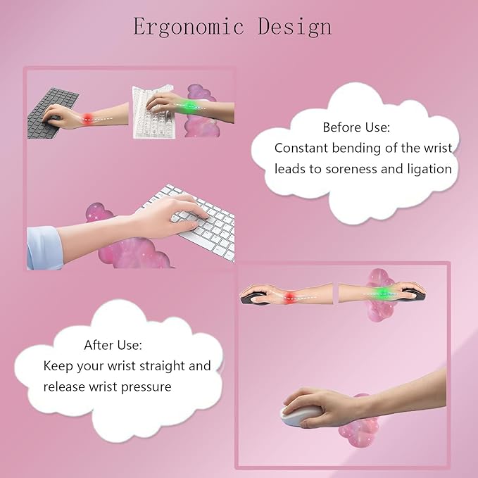 Cloud Mouse Pad Keyboard Wrist Rest 4PCS Galaxy Space Extended Large Desk Mat Pad Set Memory Foam Non-Slip Ergonomic Gaming Mouse Pad Wrist Support for Computer Laptop Home Office Cute Pink Stars