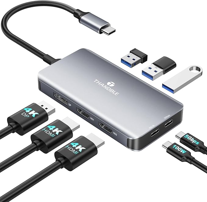 USB C Docking Station Dual Monitor, Laptop Docking Station 3 Monitor, USB C Hub Dual 4K@60Hz HDMI Display with DisplayPort Port, 5Gbps USB-A/C Data Port, 100W PD, for HP/Dell/Lenovo/Laptop