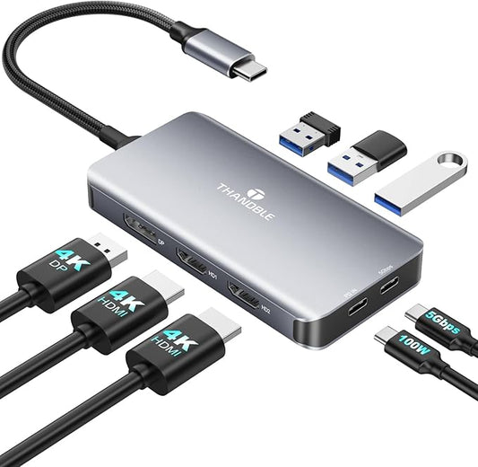 USB C Docking Station Dual Monitor, Laptop Docking Station 3 Monitor, USB C Hub Dual 4K@60Hz HDMI Display with DisplayPort Port, 5Gbps USB-A/C Data Port, 100W PD, for HP/Dell/Lenovo/Laptop