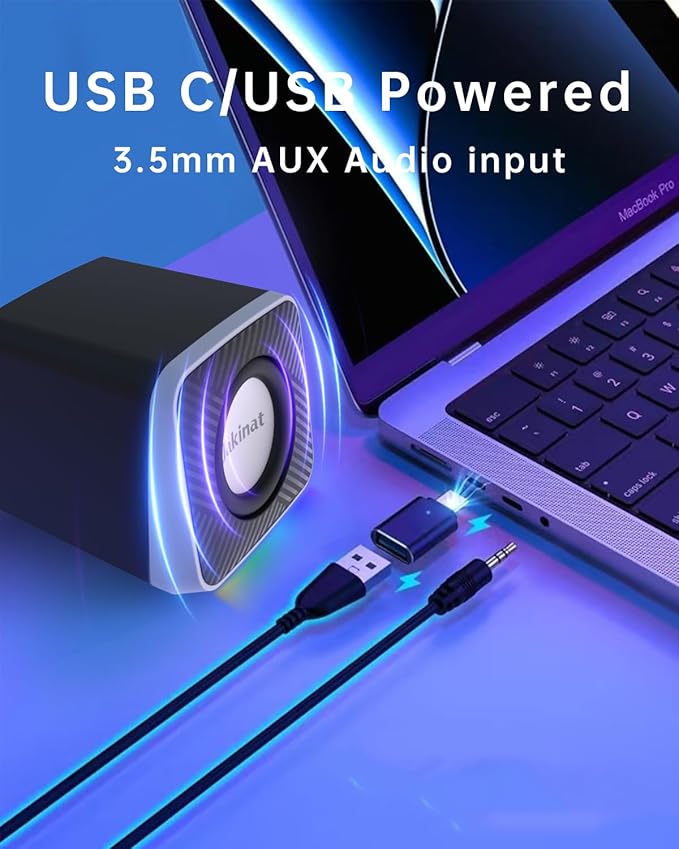 PC Speakers 2"–6W Carbon Fiber Computer Speaker for Desktop or Laptop PC,USB C/USB-Powered,Crystal Clear Sound,Rich Bass,Loud Volume,Direct Control,Plug-N-Play,Black-Silver