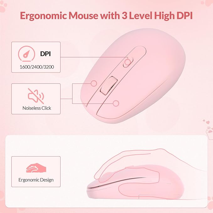 Cute Cat Keyboard and Mouse Wireless, Cat Theme, Silent Keys, Pinkish Colors, Ergnomic Split Keyboard and Optical Mouse with 2.4G USB Receiver, for Windows/Mac/PC/Laptop