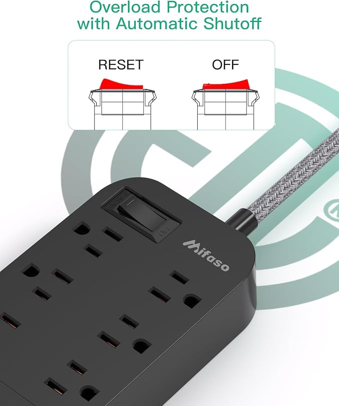 Extension Cord 5 FT, Flat Plug Power Strip, Long Extension Cord with Multiple Outlets with 6 Outlets 4 USB Ports(2 USB C), USB Power Strip for Home, Office, Dorm Room Essentials, College, Black