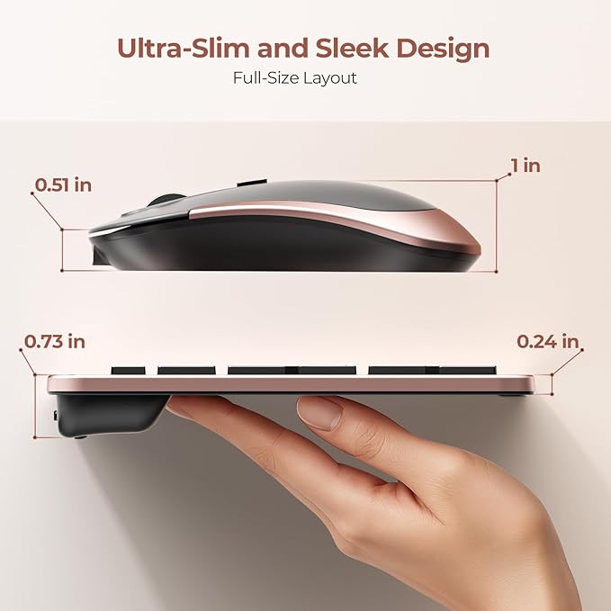 seenda Wireless Keyboard and Mouse Combo, Rechargeable Quiet Keyboard Mouse, Sleek and Ultra Thin Design, Full-Size with Number Pad for Windows, Laptop, PC, Notebook, Desktop (Rose Gold & Black)