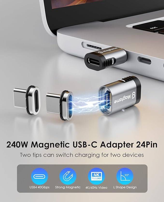 Magtame 240W Magnetic USB C Adapter 40Gbps, 1Pack Straight Type C Adapters with 2 Tips, 24Pin Fast Charge Data Transfer 4K 60Hz for USB 3/4 MacOS Pro/Air Laptop Tablet and Type C Devices