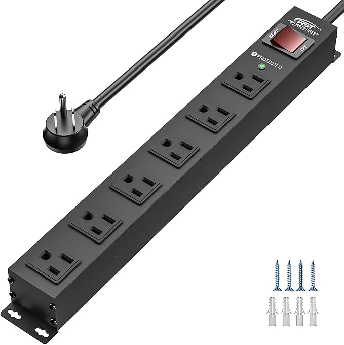 CRST 6 Outlet Heavy Duty Power Strip with Switch, 15A/1875W Metal Mountable Power Strip Surge Protector 2100Joules, 10 FT Wide Spaced Power Bar