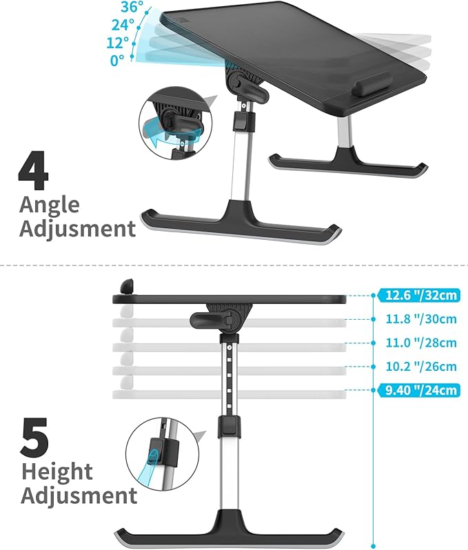 SAIJI PU Leather Laptop Bed Tray Table, Adjustable Laptop Stand with Removable Stopper, Portable Lap Desks with Foldable Legs, Notebook Stand Breakfast Reading Desk for Sofa Couch(Large, Black)
