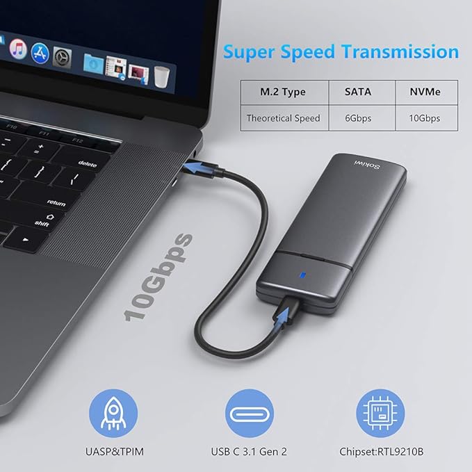 M.2 NVMe SATA SSD Enclosure Adapter Tool-Free,Sokiwi USB 3.2 Gen2 10Gbps External to USB PCI-E 6Gbps SATA M-Key / B+M Key, NVMe Reader Support UASP Trim for SSDs 2230/2242/2260/2280