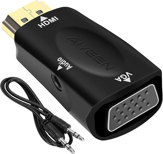 HDMI to VGA Adapter, 1080p HDMI Male to VGA Female Adapter with 3.5mm Audio Jack Cable Compatible with Monitor, Laptop,Computer, Projector, HDTV, Chromebook and More (Black)