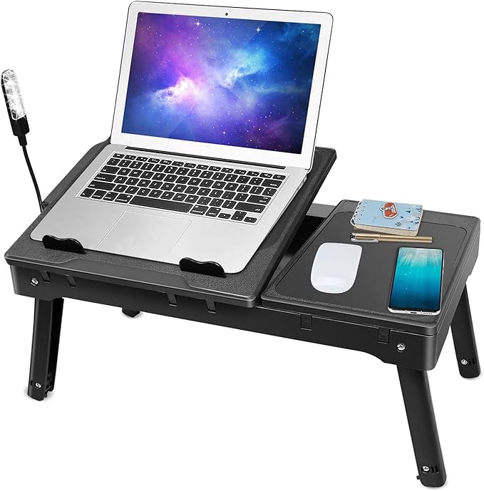 iMountek Laptop Table Bed Notebook Desk-Multi-Functional Laptop Bed Table Tray with Internal Cooling Fan, Laptop Desks with LED Light, 4 USB Ports, Storage, Mouse Pad (black)