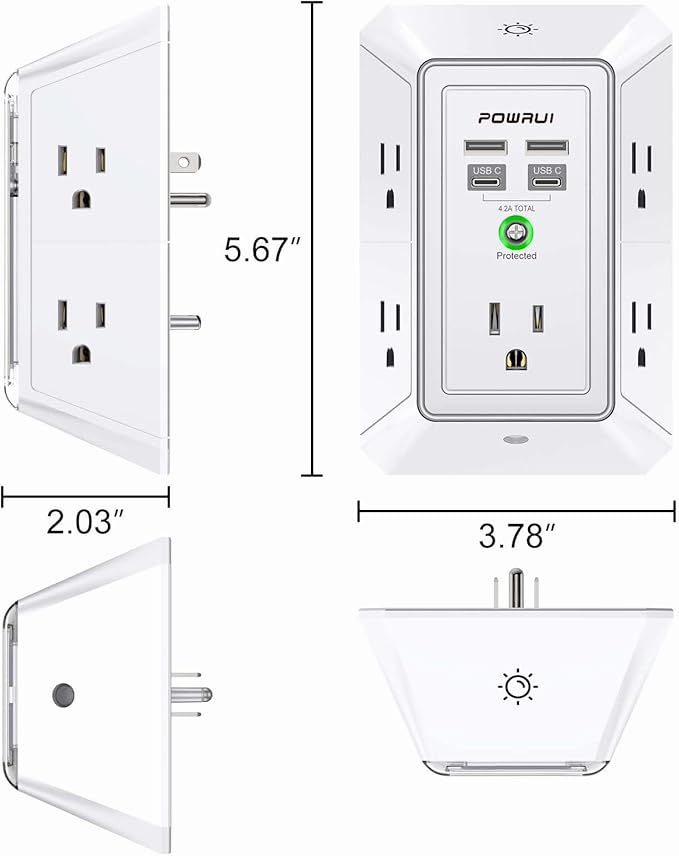 3-Sided Outlet Extender with Night Light - POWRUI Multi Plug Outlet with 5 Outlets and 4 USB Ports(2 USB-C), USB Wall Charger for Home, Office, Travel, ETL Listed, White