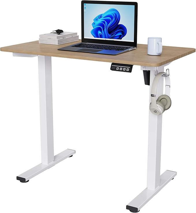 Electric Standing Desk Adjustable Height, 40x24 Inches Sit Stand up Desktop for Home Office, Ergonomic Rising Computer Table with Memory Preset, Yellow Beams