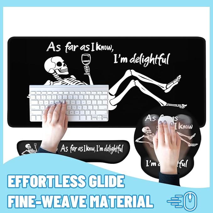 Skeleton Humor Mouse Pad Set Funny Wine Drinking Gothic Quote Art Gaming Mousepad 4in1 Desk Mat for Desktop Anti-Slip XXL Big Computer Ergonomic Mousepad with Wrist Support for Keyboard and Mouse