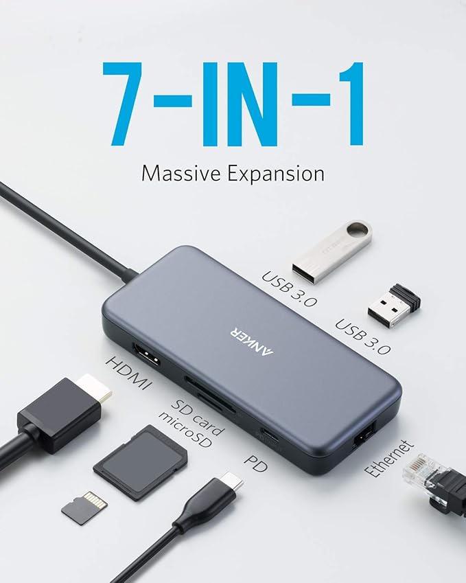 Anker USB C Hub, 7-in-1 USB C Adapter, with 4K HDMI, 60W Power Delivery, 1Gbps Ethernet, 2 3.0 Ports, SD and microSD Card Readers, for MacBook Pro and Other Laptops