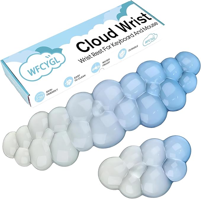 Gel Cloud Keyboard and Mouse Wrist Rest Set Gradient Blue Keyboard Wrist Rest Transparent Ergonomic Cute Mouse Wrist Pad Silicone Non-Slip Clear Wrist Rest for Computer Keyboard 60%68% 75% Home Office