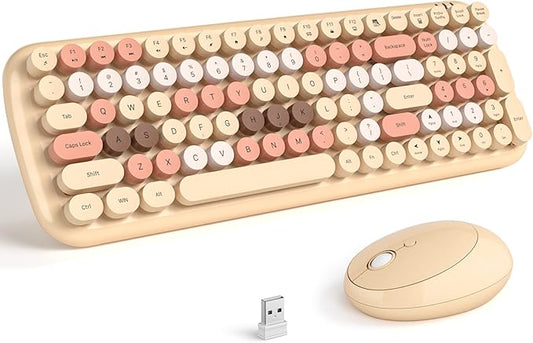 MOFII Wireless Keyboard and Mouse Combo, Retro Typewriter Keyboard with Multi-Media Function Keys and Number Pad Compared for PC Computer Windows 7 8 10 (Milk-Tea Colorful)