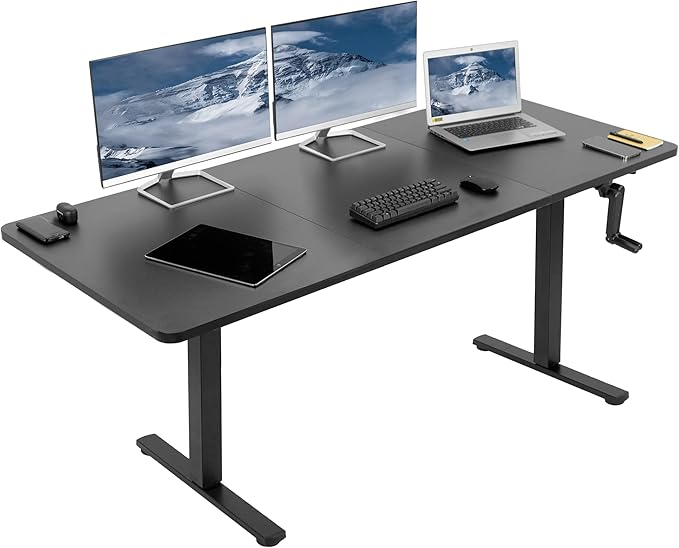 VIVO Manual Height Adjustable 71 x 30 inch Stand Up Desk, Black Table Top, Black Frame, Standing Workstation with Foldable Handle, DESK-KIT-MB7B