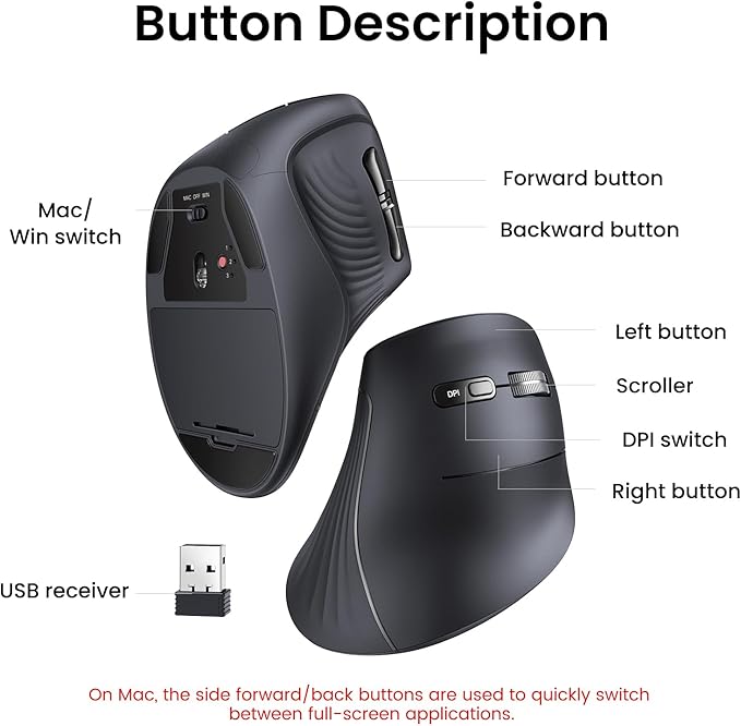 UGREEN Vertical Wireless (Bluetooth 5.0+2.4G) Ergonomic Mouse with 5 Buttons, 1000/1600/2000/4000 DPI, Prevention of Mouse Arm, Vertical Mouse Compatible with PC/Laptop/Tablet, Black