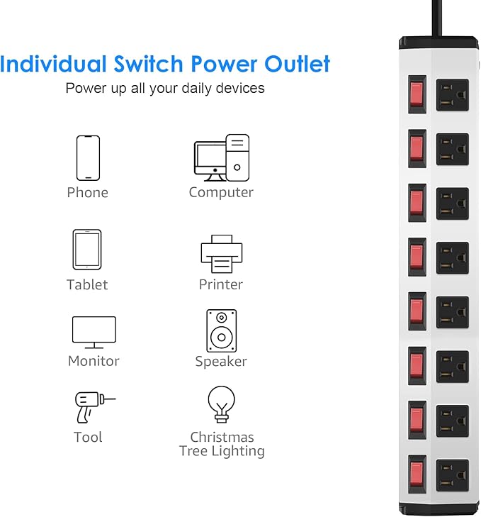 8 Outlet Metal Power Strip with Individual Switches,Heavy Duty Appliance Power Strip with Flat Plug,1200J Surge Protector,6FT Extension Cord 15A 120V 1800W for Home Office School Shop Industrial