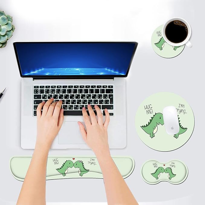 Keyboard Wrist Rest and Mouse Pad Wrist Rest Set with Coasters [4Pcs], Ergonomic Support, Non-Slip Rubber Base, Easy Typing & Pain Relief for Home Office Working Studying, Cute Little Dinosaur