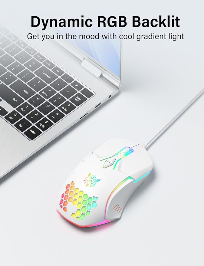 Wired USB Mouse, Computer Mouse with RGB Lighting, 4 Adjustable DPI, Ergonomic Optical Office Mouse, 7 Buttons Corded Mice for Window/PC/Laptop/Desktop/Mac/Chromebook, White