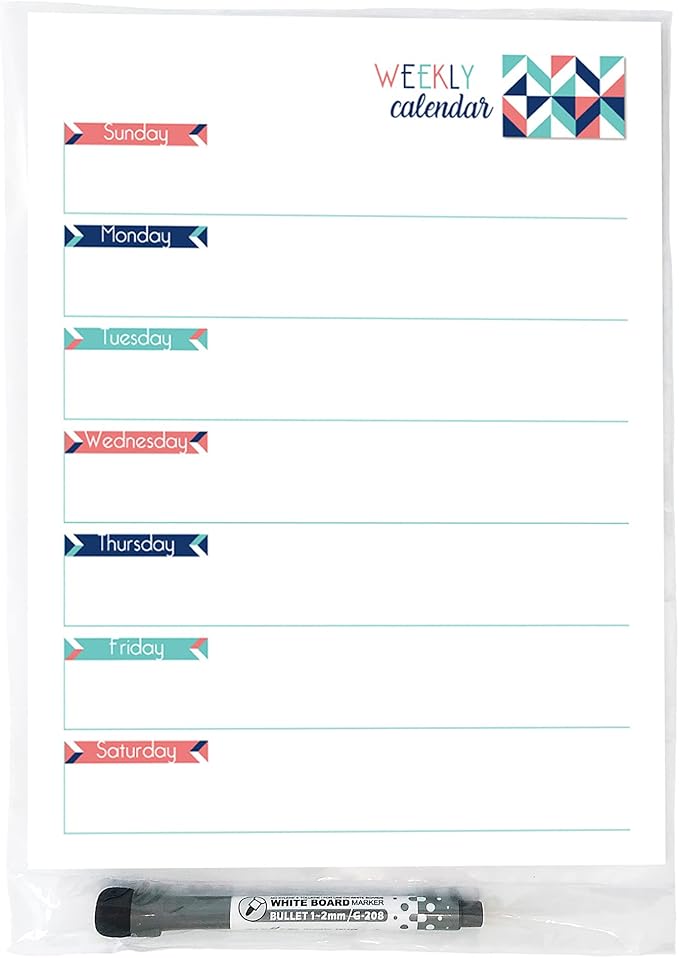 Dry Erase Weekly Calendar Planner Sticker Decal | Removable & Reusable | Magnetic Fine-Tip Marker Included (9 x 12 inches, Geometric)