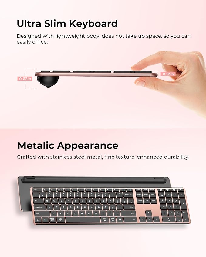 seenda Wireless Bluetooth Keyboard and Mouse Combo, SKM64-3 Rechargeable Slim Quiet Keyboard Mouse, 3 Multi-Device Connection, Compatible for Windows, Mac, MacBook, iPad, Tablet, Black Rose Gold