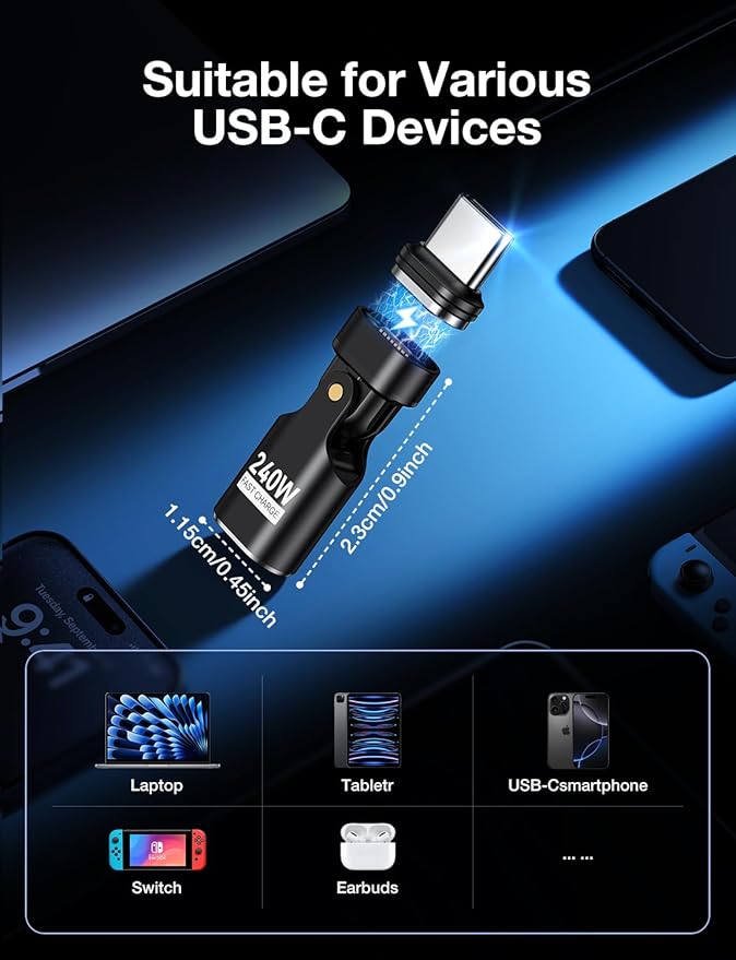 AUFU 16PIN 240W USB C Magnetic Adapter(3Pack)/180° Rotation USB C Right Angle Adapter/90 Degree C Adapters/Type C Magnetic for 1Phone 16/15/Ma-Book/1Pad Series, Samsung Galaxy, Google Pixel, Laptop