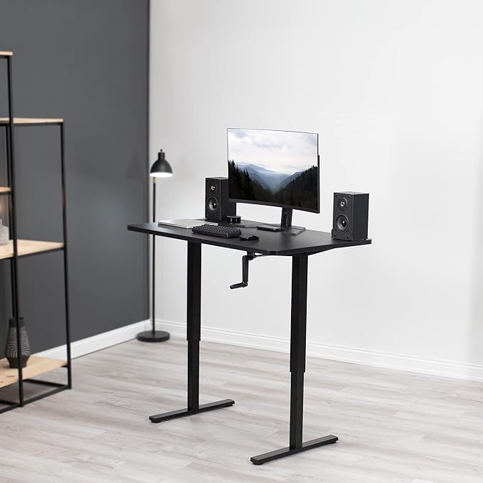 VIVO Manual Height Adjustable 48 x 30 inch Stand Up Desk, Black Solid One-Piece Table Top, Black Frame, Standing Workstation with Foldable Handle, DESK-KIT-MB5B