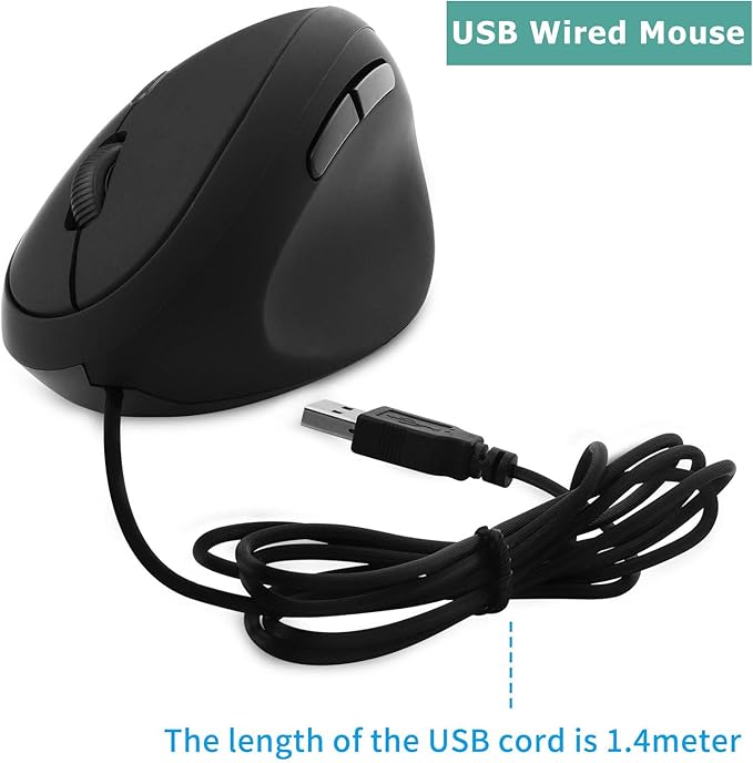 Wired Vertical Mouse, Ergonomic Optical USB Cord PC Gaming Mice 800-1200-1600 DPI Portable Silent Mause for Laptop Desktop Office Use (Black)